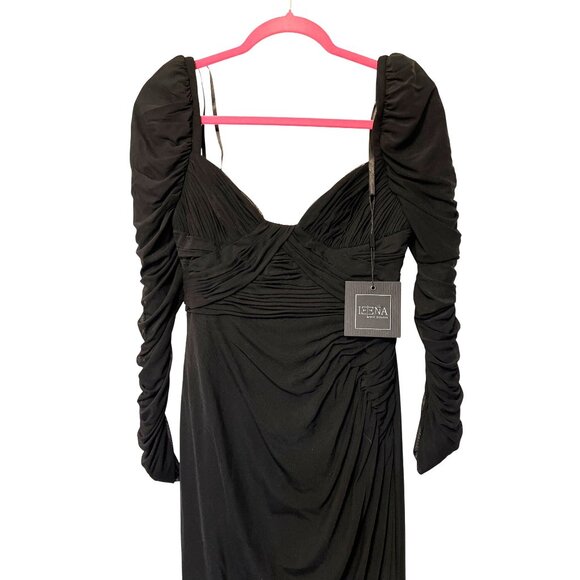 Ieena For Mac Duggal Size 2 Black Long Sleeve Ruched Gown With Draped Bodice - Picture 3 of 8
